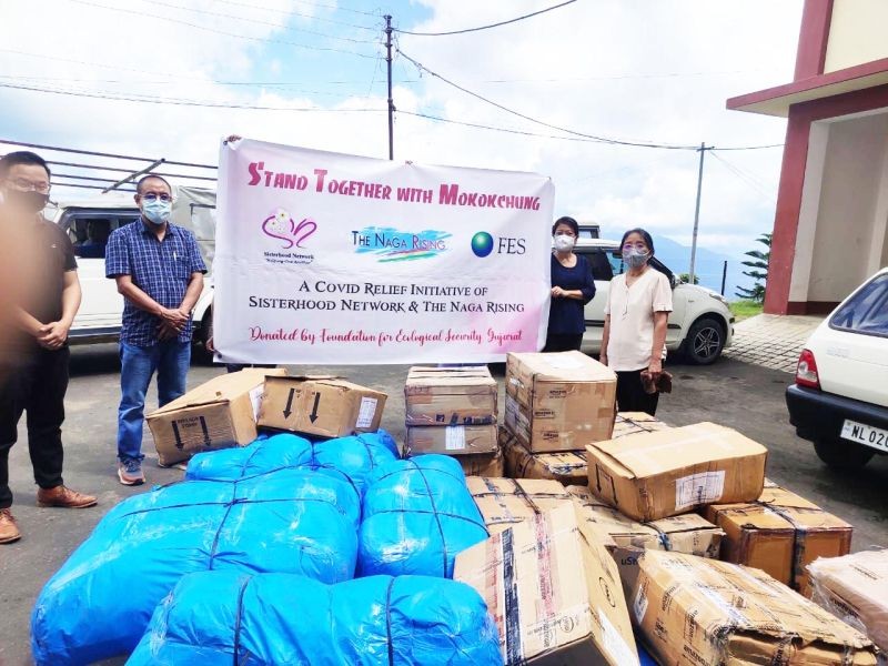 The COVID relief kits received by Dr Limatula Aier, Medical Superintendent, IMDH in presence of Dr Ayangla Saku, DPO (UIP & RCH), Dr Temsuyanger, ZLO & DMHP and Zerutso Kesiezie, EAC HQ, Mokokchung, at Chief Medical Officer Office, Mokokchung on August 5. (Photo Courtesy: Sisterhood Network & The Naga Rising)